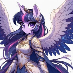 Size: 1024x1024 | Tagged: safe, ai content, derpibooru import, generator:dall-e 3, machine learning generated, twilight sparkle, anthro, g4, armor, breastplate, breasts, clothes, concept art, constellation, flower, flower in hair, jewelry, looking at you, pauldron, plate armor, prompter:glimmy-glam, simple background, solo, spread wings, standing, stars, tiara, wings