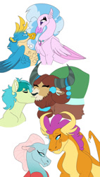 Size: 827x1458 | Tagged: safe, artist:jinx32297, derpibooru import, gallus, ocellus, sandbar, silverstream, smolder, yona, changedling, changeling, classical hippogriff, dragon, earth pony, griffon, hippogriff, yak, g4, alternate design, dragoness, fangs, female, gallstream, jewelry, kissing, lesbian, male, necklace, older, older gallus, older ocellus, older sandbar, older silverstream, older smolder, older yona, ship:yonabar, shipping, simple background, smolcellus, straight, student six, white background