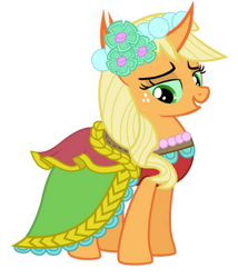 Size: 342x400 | Tagged: safe, artist:arkogon, derpibooru import, applejack, changedling, changeling, changepony, hybrid, g4, applejack also dresses in style, bridesmaid applejack, bridesmaid dress, changedlingified, changelingified, clothes, dress, female, freckles, grin, lidded eyes, simple background, smiling, solo, species swap, transparent background, vector