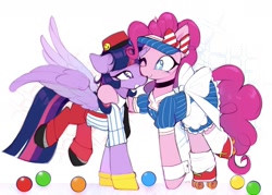 Size: 1835x1311 | Tagged: safe, artist:lerkfruitbat, derpibooru import, pinkie pie, twilight sparkle, twilight sparkle (alicorn), alicorn, earth pony, pony, g4, alternate hairstyle, alternate universe, ball, bellhop, choker, clothes, cute, dress, duo, duo female, female, gloves, hat, hoof shoes, hug, lesbian, mare, necktie, one eye closed, pnts, roller skates, shipping, shirt, simple background, skates, skirt, socks, twinkie, waitress, white background, wink