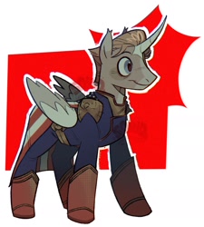 Size: 1372x1524 | Tagged: safe, artist:angry_squid_, derpibooru import, alicorn, pony, belt, boots, cape, clothes, coat markings, crossover, curved horn, gloves, homelander, horn, male, pants, ponified, shirt, shoes, shoulder pads, solo, species swap, stallion, superhero, the boys