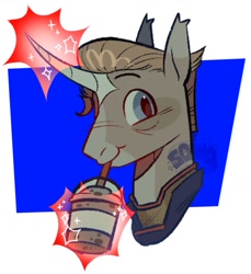 Size: 1191x1301 | Tagged: safe, artist:angry_squid_, derpibooru import, alicorn, pony, clothes, coat markings, crossover, drink, drinking, drinking straw, glowing, glowing horn, homelander, horn, magic, male, milkshake, ponified, shirt, solo, species swap, stallion, superhero, the boys