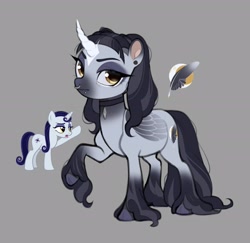 Size: 2048x1987 | Tagged: safe, artist:xcolorblisssketchx, derpibooru import, moonlight raven, pony, unicorn, g4, alternate hairstyle, choker, coat markings, curved horn, ear piercing, earring, emo, eyeshadow, female, goth, gray background, horn, jewelry, makeup, mare, piercing, redesign, simple background, solo, tattoo, unshorn fetlocks