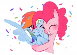 Size: 1899x1345 | Tagged: safe, artist:78939859, derpibooru import, pinkie pie, rainbow dash, earth pony, pegasus, pony, g4, blushing, bust, confetti, eyes closed, female, grin, hug, mare, one eye closed, portrait, simple background, smiling, spread wings, white background, wings