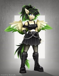 Size: 1673x2160 | Tagged: safe, artist:buvanybu, derpibooru import, oc, oc only, oc:core carnitine, anthro, boots, commission, goth, shoes, spread wings, wings