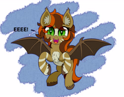 Size: 2800x2200 | Tagged: safe, artist:scandianon, derpibooru import, bat pony, pony, chest fluff, ear fluff, ears, eeee, fangs, female, happy, looking at you, mare, raised hoof, raised leg, smiling, solo, spread wings, stripes, unshorn fetlocks, wings