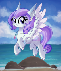 Size: 2288x2664 | Tagged: safe, artist:spookyle, derpibooru import, oc, oc only, oc:dreamy skies, hippogriff, hybrid, beach, female, ocean, solo, water