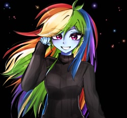 Size: 1380x1280 | Tagged: safe, artist:pulse, derpibooru import, rainbow dash, human, equestria girls, g4, clothes, cute, dashabetes, eye clipping through hair, eyebrows, eyebrows visible through hair, female, grin, looking at you, smiling, solo, starry background, sweater, turtleneck, turtleneck sweater