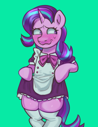 Size: 2300x3000 | Tagged: safe, artist:zigmeow, derpibooru import, starlight glimmer, pony, unicorn, g4, blushing, clothes, female, green background, horn, maid, simple background, solo, stockings, thigh highs, tights