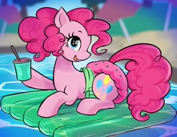 Size: 2048x1584 | Tagged: safe, artist:onc3l3rphobix, derpibooru import, pinkie pie, earth pony, pony, g4, blushing, cup, diaper, diaper fetish, female, fetish, floaty, lying down, mare, non-baby in diaper, pool toy, prone, raised hoof, raised leg, solo, swimming pool, tongue, tongue out