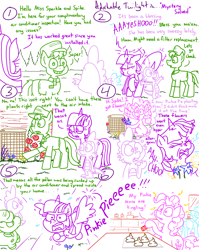 Size: 4779x6013 | Tagged: safe, artist:adorkabletwilightandfriends, derpibooru import, cup cake, pinkie pie, spike, twilight sparkle, twilight sparkle (alicorn), oc, oc:blake, alicorn, dragon, earth pony, pony, comic:adorkable twilight and friends, g4, adorkable, adorkable twilight, aerial view, allergies, angry, baking, butt, cooking, cute, dork, flower, food, garden, gardening, hat, high angle, kitchen, nostril flare, nostrils, perspective, pinkie sense, plot, pollen, red nose, red nosed, sneezing, sprinkles, thinking, thought bubble, thoughts, wingless spike, wings, yelling