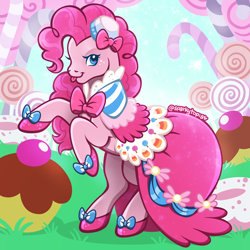 Size: 2400x2400 | Tagged: safe, artist:sparkytopia, derpibooru import, pinkie pie, earth pony, pony, g4, suited for success, :p, bow, candy, clothes, digital art, dress, food, gala dress, hat, looking at you, raised hoof, raised leg, shoes, signature, solo, tongue, tongue out