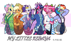 Size: 2378x1405 | Tagged: safe, artist:chiefywiffy, derpibooru import, applejack, fluttershy, pinkie pie, rainbow dash, rarity, twilight sparkle, anthro, pegasus, pony, unicorn, g4, clothes, dress, female, group, horn, kebaya, mane six, mare, simple background, white background