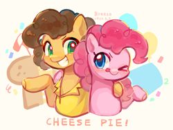 Size: 2477x1858 | Tagged: safe, artist:breeze, derpibooru import, cheese sandwich, pinkie pie, earth pony, pony, g4, cheesepie, clothes, duo, duo male and female, female, grin, male, mare, one eye closed, shipping, shirt, simple background, smiling, stallion, straight, text, white background, wink