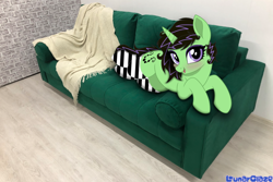 Size: 900x600 | Tagged: safe, artist:lunarglaze, derpibooru import, oc, oc only, oc:dolores, pony, unicorn, blushing, clothes, female, horn, irl, lying down, photo, ponies in real life, socks, sofa, solo, striped socks