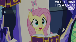 Size: 2000x1125 | Tagged: safe, derpibooru import, edit, edited screencap, editor:quoterific, screencap, fluttershy, rainbow dash, pegasus, pony, fame and misfortune, g4, season 7, book, duo, duo female, female, mare, twilight's castle