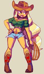 Size: 1791x3002 | Tagged: safe, artist:shadowhawx, derpibooru import, applejack, human, equestria girls, g4, applerack, beige background, belly, belly button, blushing, boots, breasts, cleavage, clothes, cowboy boots, daisy dukes, denim, denim shorts, female, freckles, front knot midriff, high res, midriff, open mouth, open smile, rope, shirt, shoes, shorts, shoulder freckles, simple background, smiling, solo, wide hips