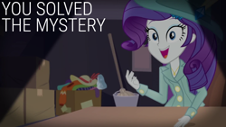 Size: 1920x1080 | Tagged: safe, derpibooru import, edit, edited screencap, editor:quoterific, screencap, rarity, choose your own ending, equestria girls, g4, rarity investigates: the case of the bedazzled boot, box, bucket, cardboard box, clothes, mop, solo, table