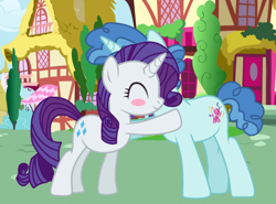 Size: 1129x834 | Tagged: safe, artist:cursed soul, artist:moonlightthegriffon, derpibooru import, party favor, rarity, pony, unicorn, g4, blushing, crack shipping, duo, duo male and female, eyes closed, fake screencap, female, headcanon in the description, horn, male, mare, obscured face, ponyville, rarifavor, shipping, side hug, stallion, straight