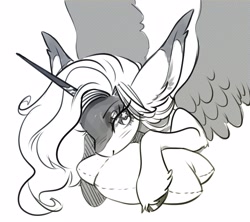 Size: 3351x2973 | Tagged: safe, artist:opalacorn, derpibooru import, oc, oc only, alicorn, pony, big ears, commission, ears, female, grayscale, mare, monochrome, pillow, simple background, solo, spread wings, white background, wings