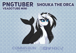 Size: 4084x2880 | Tagged: safe, artist:sparkie45, derpibooru import, oc, oc only, oc:shouka the orca, hybrid, orca, orca pony, original species, pony, unicorn, whale, commission, commissions open, halfbody, horn, pngtuber, solo, twitch