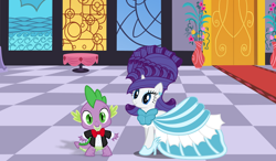 Size: 934x544 | Tagged: safe, artist:atomicmillennial, artist:cloudy glow, artist:darkfire036, derpibooru import, rarity, spike, dragon, pony, unicorn, g4, age difference, alternate hairstyle, bowtie, carpet, checkered floor, clothes, cute, date, dialogue in the description, dress, duo, duo male and female, female, grand galloping gala, grin, high heels, horn, looking at each other, looking at someone, male, mare, raribetes, red carpet, shipping, shoes, smiling, smiling at each other, sparity, spikabetes, straight, suit, wingless spike