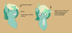 Size: 2432x1108 | Tagged: safe, artist:nightcorelights, derpibooru import, oc, oc only, oc:grave mistakes, pegasus, blushing, braces, brown background, covering mouth, dialogue, digital art, embarrassed, exclamation point, fanart, female, hooves, quick draw, simple background, smiling, solo, teeth