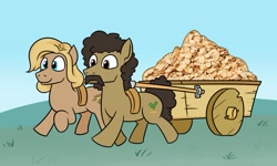 Size: 1259x753 | Tagged: safe, artist:jargon scott, derpibooru import, earth pony, pony, duo, facial hair, food, moustache, oats, pulling, wagon