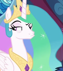 Size: 950x1080 | Tagged: safe, derpibooru import, screencap, princess celestia, pony, g4, season 9, sparkle's seven, cropped, eyebrows, female, mare, raised eyebrow, solo