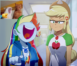 Size: 1860x1583 | Tagged: safe, artist:the-butch-x, derpibooru import, applejack, rainbow dash, cat, human, equestria girls, g4, 2d, angry, annoyed, apple, applejack is not amused, applejack's hat, arms, bangs, breasts, bust, canterlot high, clothes, collar, cowboy hat, cross-popping veins, cutie mark on clothes, duo, duo female, emanata, eyelashes, female, finger, food, freckles, frown, geode of super speed, geode of super strength, hallway, hand, happy, hat, high school, hoodie, indoors, jacket, jewelry, laughing, lidded eyes, lockers, lol, long hair, magical geodes, meme, necklace, open mouth, open smile, pointing, pointing at you, ponified animal photo, ponytail, reference, reference included, school, screencap reference, shirt, short sleeves, shrunken pupils, sideburns, smiling, standing, t-shirt, teenager, thunderbolt, unamused, volumetric mouth, wristband