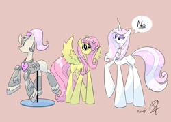 Size: 1200x857 | Tagged: safe, artist:aragón, derpibooru import, fleur-de-lis, fluttershy, pegasus, pony, unicorn, g4, armor, concave belly, denied, duo, duo female, female, flutter de lis, height difference, horn, lesbian, long legs, mannequin, shipping, slender, sparkles, speech bubble, thin