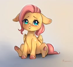 Size: 3065x2810 | Tagged: safe, artist:miokomata, derpibooru import, fluttershy, pegasus, pony, g4, blushing, colored hooves, cute, ears, floppy ears, freckles, freckleshy, frown, gradient background, hooves, pouting, sad, sadorable, shyabetes, sitting, solo, teary eyes, underhoof