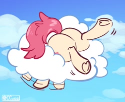 Size: 1100x900 | Tagged: safe, artist:cuiicie, derpibooru import, oc, oc only, oc:strawberry splash, pegasus, pony, butt, butt focus, buttstuck, cloud, female, hoof heart, mare, on a cloud, plot, sky, solo, stuck, underhoof