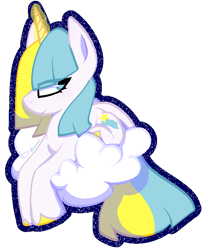 Size: 552x681 | Tagged: safe, artist:kharmacal, derpibooru import, oc, oc only, oc:wishing star, unicorn, bangs, blue eyes, cloud, colored hooves, eye clipping through hair, eyelashes, glowing, glowing horn, hooves, horn, leonine tail, looking back, looking offscreen, lying down, lying on a cloud, on a cloud, profile, rectangular pupil, shading, simple background, sitting, sitting on cloud, smiling, solo, sticker, straight mane, tail, transparent background, two toned mane, two toned tail, unshorn fetlocks, white coat, yellow hooves, yellow magic