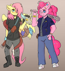 Size: 1150x1250 | Tagged: safe, artist:freak-side, derpibooru import, discord, fluttershy, pinkie pie, anthro, earth pony, pegasus, plantigrade anthro, g4, alternate universe, baseball bat, gradient background, trio