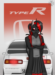 Size: 1400x1900 | Tagged: safe, artist:kreuz, derpibooru import, oc, oc only, alicorn, anthro, alicorn oc, anthro oc, car, clothes, coat, female, honda, horn, poster, red and black mane, red and black oc, shy, solo, standing, vehicle, wings