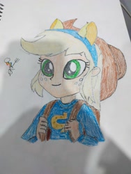 Size: 3000x4000 | Tagged: safe, artist:melondiousthu, derpibooru import, applejack, equestria girls, g4, shake your tail, bag, canterlot high, cowboy hat, fake ears, freckles, green eyes, hat, solo, traditional art