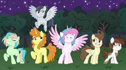 Size: 1193x670 | Tagged: safe, artist:starfyres, derpibooru import, coral currents, pipsqueak, pound cake, princess flurry heart, pumpkin cake, rumble, alicorn, earth pony, pegasus, pony, unicorn, g4, alternate mane six, background, base used, eyes closed, female, flying, forest, group, horn, male, mare, nature, night, older, older coral currents, older flurry heart, older pipsqueak, older pound cake, older pumpkin cake, older rumble, s, smiling, stallion, stars, tree