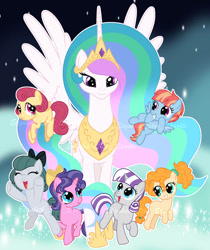 Size: 827x986 | Tagged: safe, artist:sunlightshimmer64, derpibooru import, cloudy quartz, cookie crumbles, pear butter, posey shy, princess celestia, twilight velvet, windy whistles, alicorn, earth pony, pegasus, pony, unicorn, g4, base used, bow, female, filly, filly cloudy quartz, filly cookie crumbles, filly pear butter, filly posey shy, filly twilight velvet, filly windy whistles, foal, group, horn, mare, mom six, smiling, when she smiles, younger