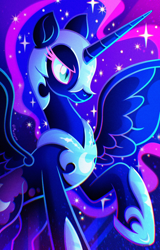 Size: 1312x2048 | Tagged: safe, artist:mazzyna, derpibooru import, nightmare moon, alicorn, pony, g4, chestplate, coat markings, ethereal mane, ethereal tail, female, helmet, hoof shoes, horn, mare, night, night sky, raised hoof, raised leg, sky, solo, spread wings, starry mane, starry night, starry tail, stars, tail, wings