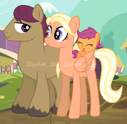 Size: 904x884 | Tagged: safe, artist:sunlightshimmer64, derpibooru import, mane allgood, scootaloo, snap shutter, earth pony, pegasus, pony, g4, baby, baby pony, baby scootaloo, bridge, eyes closed, father and child, father and daughter, female, filly, foal, husband and wife, lanky, long legs, male, maneshutter, mare, married couple, mother and child, mother and daughter, parent and child, physique difference, ponyville, shipping, skinny, smiling, stallion, straight, tall, thin, trio, younger