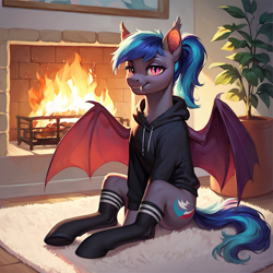 Size: 1024x1024 | Tagged: safe, ai content, derpibooru import, generator:stable diffusion, machine learning generated, oc, oc only, bat pony, pony, bat pony oc, bat wings, carpet, clothes, fangs, fire, fireplace, gradient mane, hoodie, kneesocks, looking at you, ponytail, prompter:lost conn, socks, solo, spread wings, wings