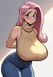 Size: 832x1216 | Tagged: safe, ai content, derpibooru import, generator:pony diffusion v6 xl, generator:stable diffusion, machine learning generated, fluttershy, human, g4, alternate eye color, arm behind back, bare shoulders, big breasts, blue eyes, blushing, breasts, clothes, cute, denim, eyebrows, eyelashes, female, hootershy, huge breasts, humanized, jeans, long hair, looking at you, pants, pink hair, prompter:ilya efimov, shy, shyabetes, sleeveless, sleeveless sweater, solo, standing, sweater, wrong eye color