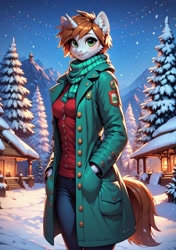 Size: 1216x1728 | Tagged: safe, ai content, derpibooru import, machine learning generated, oc, oc only, oc:littlepip, anthro, unicorn, fallout equestria, g4, :p, anonymous prompter, clothes, coat, cute, hand in pocket, horn, looking at you, night, night sky, pine tree, scarf, sky, smiling, smiling at you, snow, solo, tongue, tongue out, tree, village, winter