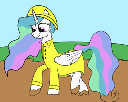 Size: 2000x1600 | Tagged: safe, artist:amateur-draw, derpibooru import, princess celestia, alicorn, g4, clothes, female, hat, mud, muddy, muddy hooves, raincoat, solo