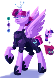 Size: 1467x2018 | Tagged: safe, artist:irisikiki, derpibooru import, tempest shadow, twilight sparkle, oc, alicorn, pony, g4, armor, broken horn, concave belly, eye scar, facial scar, female, fusion, fusion:tempest shadow, fusion:twilight sparkle, horn, magic, mare, raised hoof, raised leg, scar, simple background, slender, sparks, spread wings, storm guard armor, thin, white background, wings