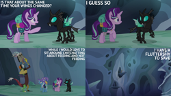 Size: 2000x1125 | Tagged: safe, derpibooru import, edit, edited screencap, editor:quoterific, screencap, discord, starlight glimmer, thorax, trixie, g4, to where and back again, backpack, changeling hive