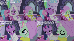 Size: 2000x1125 | Tagged: safe, derpibooru import, edit, edited screencap, editor:quoterific, screencap, aloe, rarity, twilight sparkle, twilight sparkle (alicorn), alicorn, pony, g4, rarity's biggest fan, female, interseason shorts, mud mask, ponyville spa, towel, trio, trio female