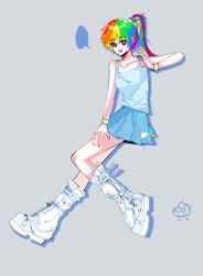 Size: 927x1257 | Tagged: safe, artist:yaocengmei, derpibooru import, rainbow dash, human, g4, clothes, female, gray background, human coloration, human female, humanized, simple background, skirt, solo