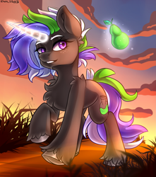 Size: 2007x2271 | Tagged: safe, artist:yuris, derpibooru import, oc, pony, unicorn, ears up, field, food, hooves, horn, looking back, magic, pear, smiling, solo, sunset, telekinesis, trade, walking